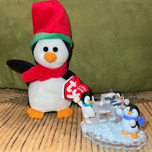 Bundle Penquins- Hallmark 2005 ornament with movement, TY Jingle Beanie “Sleddy”